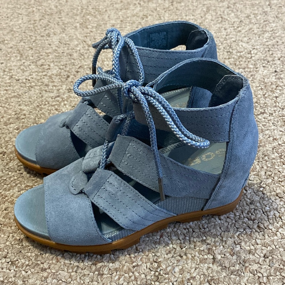 Sorel Blue Suede Lace-Up Wedge Sandals NWOT